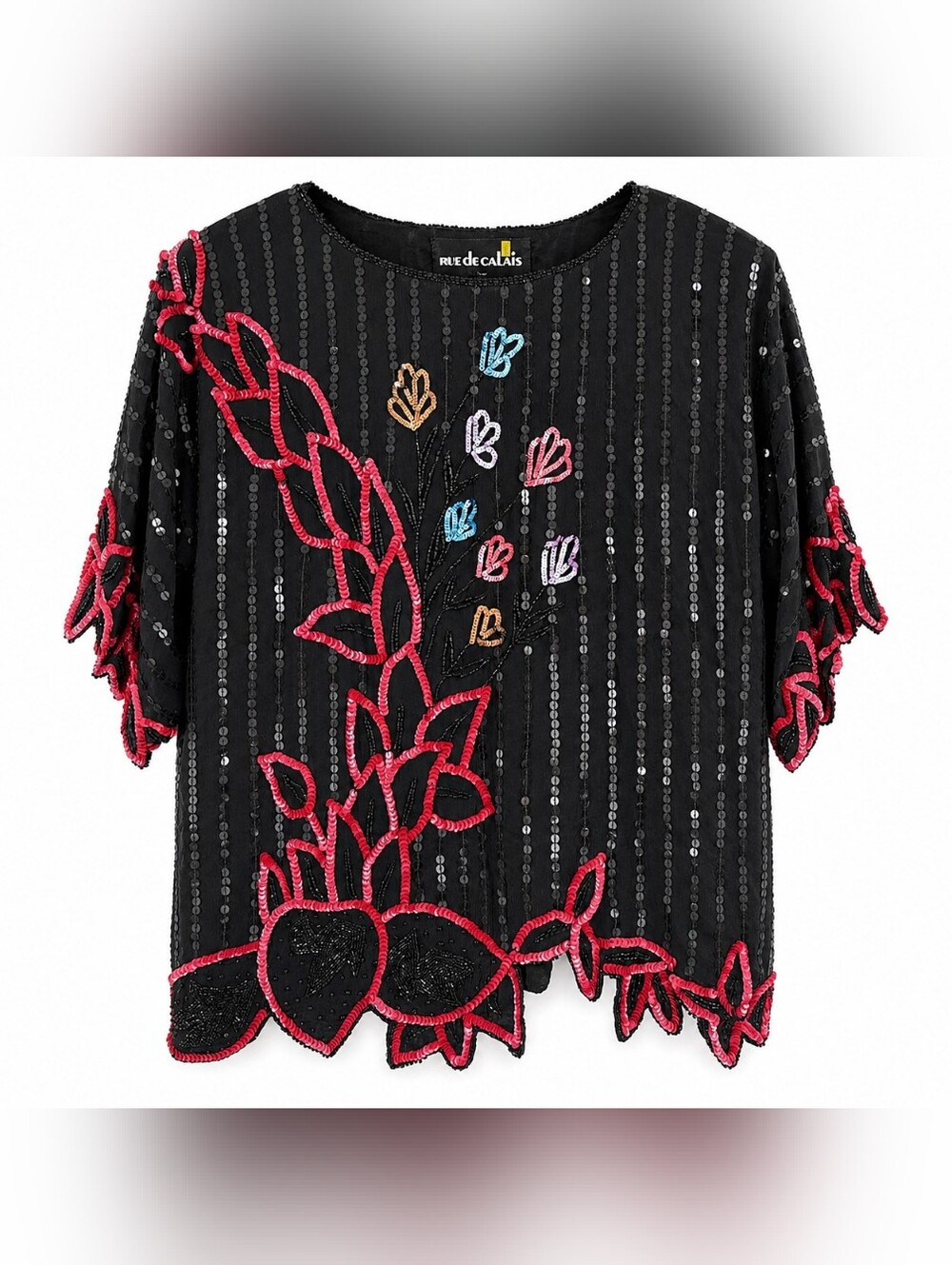 Vintage Rue de Calais 100% Silk Beaded Sequin Evening Top Size M